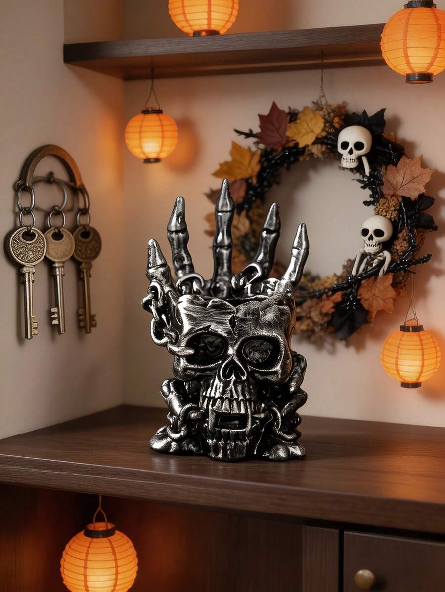 1pc Gothic Skull With Skeleton Hand And Gold Chain, Home Office Bedroom Desktop Decor, Punk Rock Horror Style Ornament - A1 - View 1