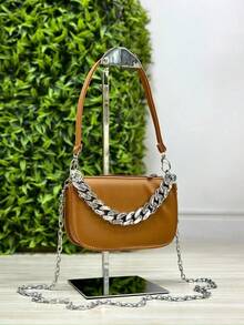Bolsa Feminina Baguete Transversal E De Ombro Com Corrente Decorativa Premium Blogueira Mini Bag Festas - Caramelo - Visão 5