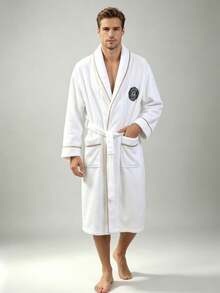1pc Men's Solid Color Embroidered Trim Long Bathrobe, Comfortable Breathable Soft Plush Quick-Drying, Home Wear, Suitable For Home/Spa/Hotel/Leisure, All Season, Bathroom Decor (White) - Lapel - Plain Trimmed Round Logo Bathrobe - White - View 11