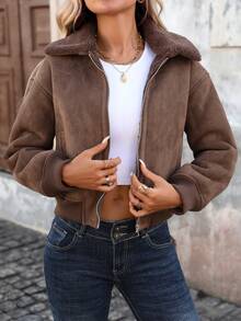 Women's Autumn/Winter Brown PU Leather Shacket, Collar, Zipper And Pockets, Long Sleeve Short Regular Fit Fall - Brown - View 4