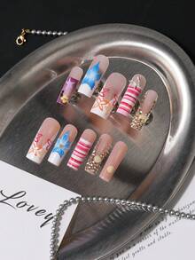 24pcs Medium Long Trapezoid Nail Stickers, Hot Summer Style, Nude Pink Gradient Color For Youthful Look, Removable And Reusable, Easily Create American Y2K Sweet Girl Nails, Suitable For Fair And Dark Skin Tones - 彩色 - 查看 5