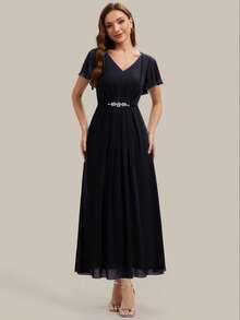 EVERPRETTY Women's Elegant Romantic V-Neck Short Sleeve Ruffle Sleeve Chiffon Evening Dress, Suitable For Spring/Summer Wedding, Formal Occasion, Graduation Party, Holiday, Birthday Party - Black - View 1