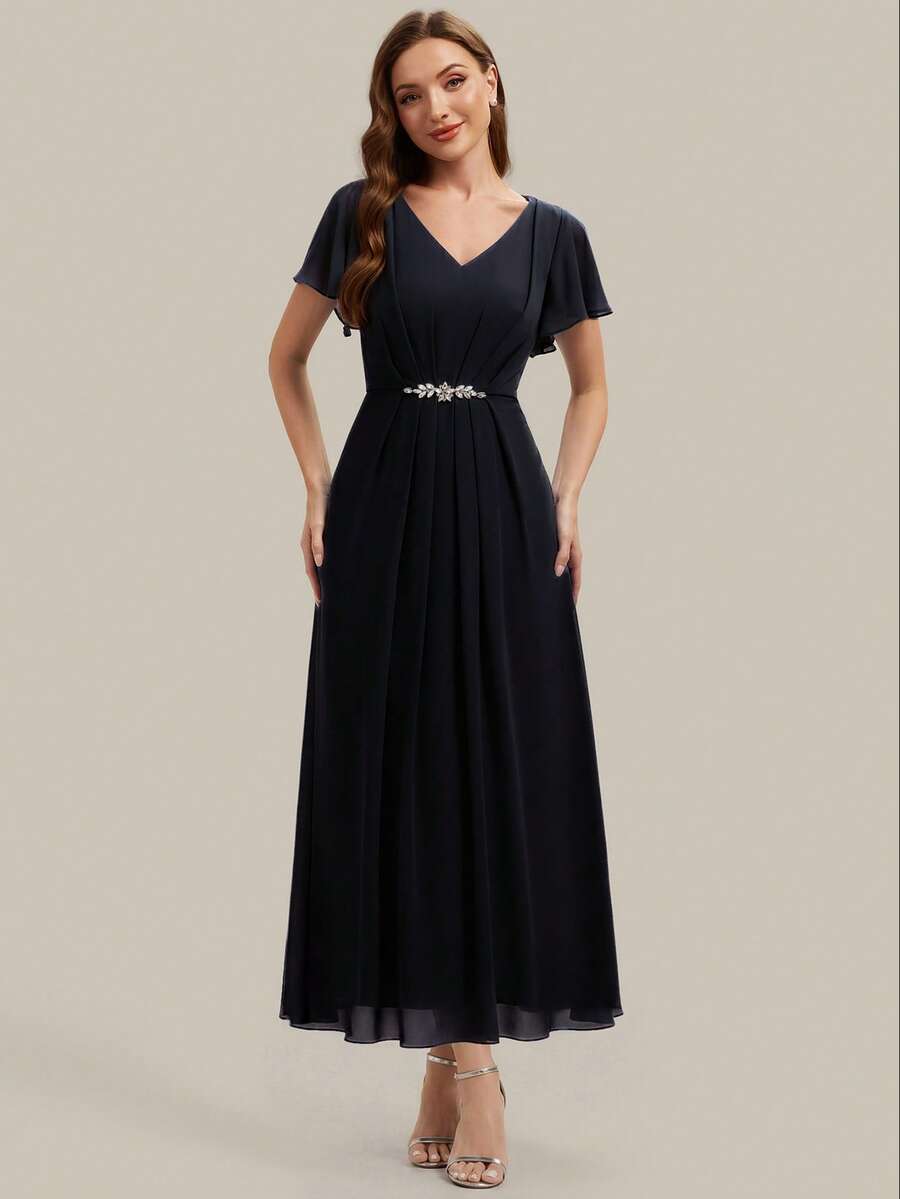 EVERPRETTY Women's Elegant Romantic V-Neck Short Sleeve Ruffle Sleeve Chiffon Evening Dress, Suitable For Spring/Summer Wedding, Formal Occasion, Graduation Party, Holiday, Birthday Party - Black - View 1