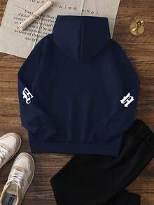 1 buah Sweatshirt Gaya Halloween Minimalis Keren Manis untuk Anak Laki-laki Remaja, Logo Kecil di Dada Depan, Cetakan Hantu Damai Jaring Laba-laba Kelelawar dengan Font Tetesan di Belakang, Sweatshirt Longgar Serbaguna untuk Pasangan di Musim Gugur/Dingin - Navy Blue - View 4