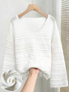 Marisole Women's Casual Daily V-Neck Long Sleeve Hollow Ribbed Knit Sweater, Fashion Minimalist Vacation Travel Top, Spring Autumn Summer White Fall - White - View 9