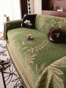 1pc Chenille Sofa Cover, Bohemian Leaf Pattern, Soft And Durable, Pet Friendly, Machine Washable, Includes Sofa Protector, Suitable For Bedroom, Living Room, Home Decor - Olive Green - View 4