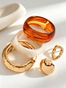 1 Set Vintage Elegant Bohemian Resin & Stainless Steel Women's Jewelry Set, Wide Exaggerated Geometric Bracelet And Ring, Suitable For Autumn/Winter Daily, Party, Date, Holiday, Music Festival, Vacation Wear, Memorial Gift For Friends, Family, Couples, Women, Jewelry Accessories - Multicolor - View 5