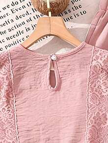 Left Mama Girls' Elegant Comfortable Sleeveless Lace Trim Top & Straight Leg Pants, Summer - Pink - View 6