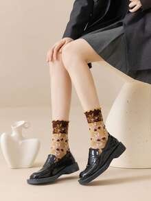 3 Pares de Meias Femininas Vintage Folclóricas Florais Jacquard com Babados até a Panturrilha, Estilo Escolar Japonês Nicho Floral Respirável Versátil Meias Slouch - Multicolorido - Visão 6
