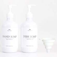 XEXUN 2-teiliges Set - 500ml nachfüllbare Seifenspender, PET-Material Handwasch- und Geschirrspülmittel-Spenderflaschen mit Trichter und wasserfestem Etikett, optionales Bambusablagefach, Arbeitsplatten-Seifenspender mit Druckknopf, geeignet für Küche und Badezimmer-Waschtisch, klare/braune Nachfüllflaschen, einfach nachzufüllen, Badezimmer-Accessoires - Mehrfarbig - Übersicht 20