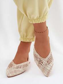 Sandali da donna con tacco piatto intrecciati, eleganti e comodi, con punta affusolata Lelrene beige - Beige - Visualizzare 3