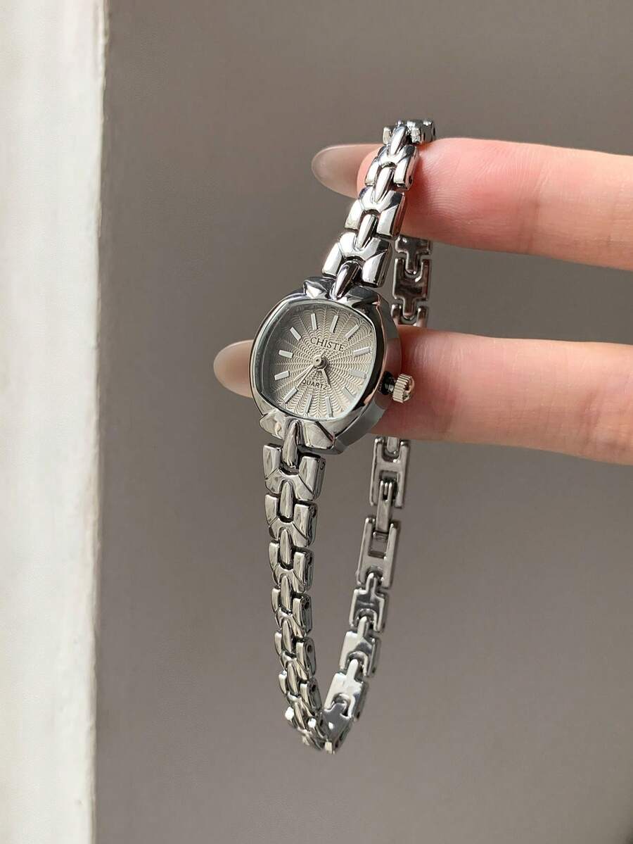 金色橢圓形女款石英手錶,時尚復古風,適合日常配戴,生日、畢業禮物,休閒聚會 - 銀色 - 查看 1