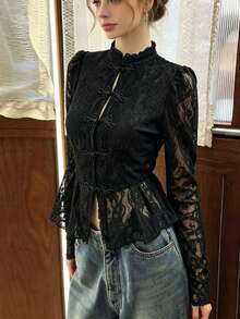 Women's New Chinese Style Black Top, Lace Jacquard Design, Slim‑Fit, Spring Autumn, For Concert Party Daily Wear - Black - View 1