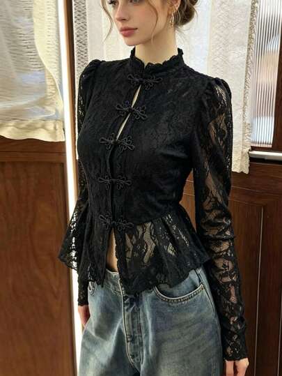 Atasan Wanita Gaya Cina Terbaru Warna Hitam, Desain Jacquard Renda, Pas Badan, Musim Semi dan Gugur, Untuk Konser, Pesta, dan Pemakaian Sehari-hari