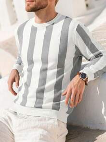 SU ER 1pc Men's Autumn/Winter Casual Striped Knit Top - Light Grey - View 4