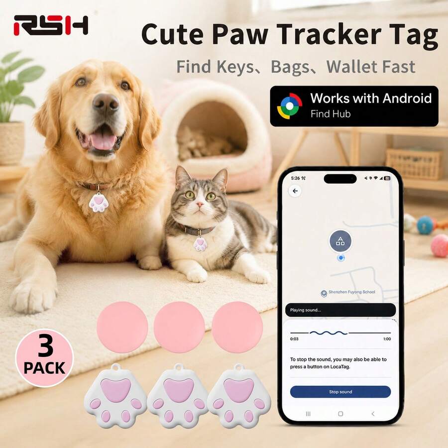 RSH 3件組智能寵物追蹤標籤，迷你定位器（兼容Android），短距離精準定位，無需月費，可輕鬆安裝在寵物項圈上