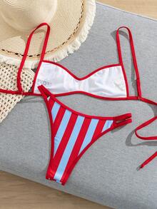 Women's Spring/Summer New Colorful Stripe Printed Flat Chest Spaghetti Strap Bikini 2 Pieces Set Vacation Beach - Multicolor - View 3