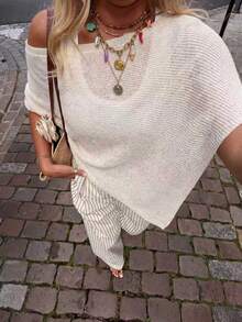 Women's Casual Vacation Style Solid Color Asymmetrical Neck Batwing Sleeve Loose Sweater, Spring/Autumn Summer - Beige Color - View 4