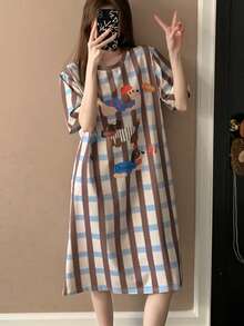 格子印花圆领女士睡袍，休闲轻薄短袖家居服，适合春夏穿着 - 藍色 - 查看 4