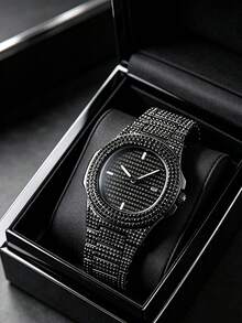 1pc Luxury Men's Wristwatch With Unique Octagonal Dial Design, Fully Embedded With Shiny Black Diamonds. The Textured Dial Features Minimalist Bar Indexes And Date Display Window. - Black - View 1