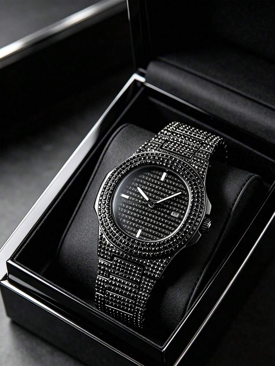 1pc Luxury Men's Wristwatch With Unique Octagonal Dial Design, Fully Embedded With Shiny Black Diamonds. The Textured Dial Features Minimalist Bar Indexes And Date Display Window. - Black - View 1