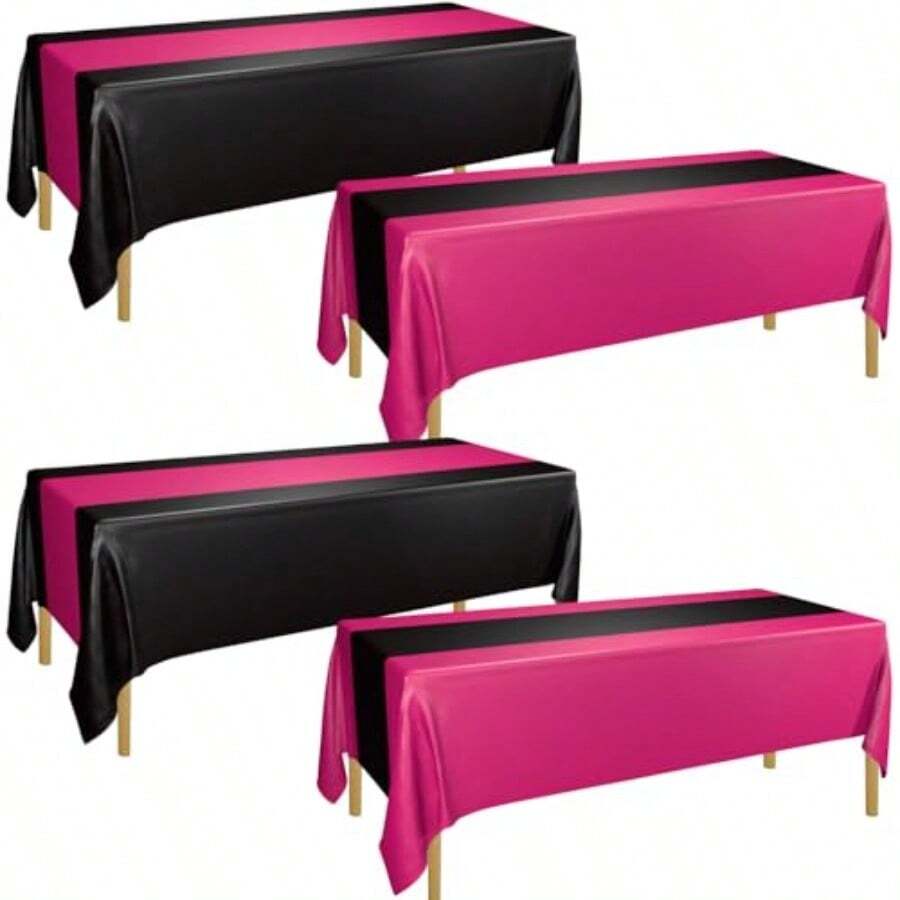 D4Pcs Hot Pink And Black Tablecloths Table Runner Waterproof Disposable Rec Table Covers For Graduation Wedding Black And Pink Birthday Decorations 51 X 86inch - Hot Pink and Black - View 1
