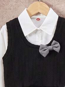 Girls' Minimalist Solid Color Shirt, 3D Bow Fashion Vest, And Pearl Button Pleated Fashion Skirt - White - View 4