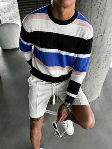 Men's Spring/Autumn Colorblock Fashion Minimalist Crew Neck Long Sleeve Sweater - Blue - View 3