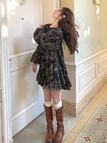 Y6Y 女士黑色印花V领长袖A字迷你连衣裙，休闲度假波西米亚风梭织面料，优雅春季款 - 黑色 - 查看 7