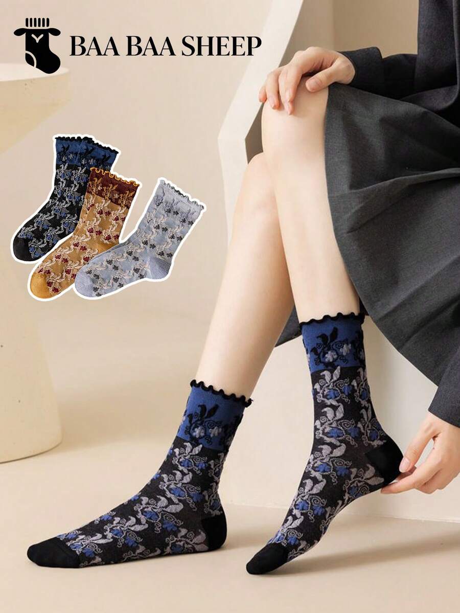 3 Pares de Meias Femininas Vintage Folclóricas Florais Jacquard com Babados até a Panturrilha, Estilo Escolar Japonês Nicho Floral Respirável Versátil Meias Slouch - Multicolorido - Visão 1