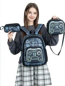 3pcs Game Controller Pattern Backpack Set, Includes Insulated Lunch Bag And Pencil Case, Large Capacity Multi-Layer Waterproof School Bag, Suitable For School - Multicolor - View 10