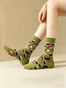 1 Pair Women's Sushi Pattern Mid-Calf Socks, Autumn/Winter Style - Olive Green - View 1