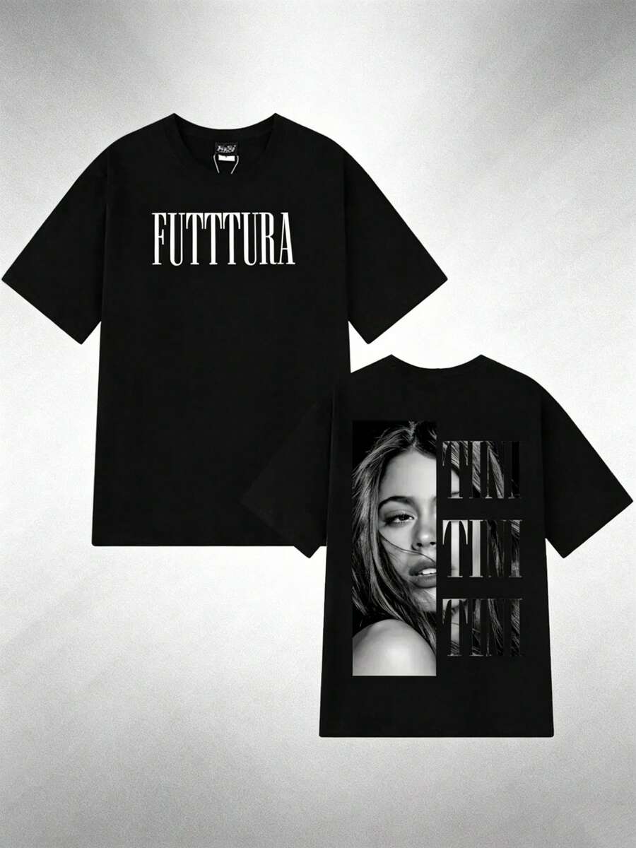 Unisexowy casualowy T-shirt z nadrukiem inspirowanym trasą koncertową piosenkarki Tini Stoessel w 2026 roku. Stylowe, krótkie rękawy, casualowe, retro, festiwalowe stroje dla kobiet, letnia wyprzedaż, dams - Czarne - Zobacz 1