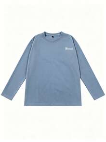 Autumn Light Grey Blue Minimalist Blessed Gothic Small Letter Print Long Sleeve T-Shirt, Simple Solid Color Loose Fit Daily Commute Versatile All-Match Layering Top - Dusty Blue - View 3
