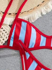Women's Spring/Summer New Colorful Stripe Printed Flat Chest Spaghetti Strap Bikini 2 Pieces Set Vacation Beach - Multicolor - View 5