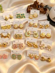 4/8/16/24 Pieces Vintage Sunflower Spiral Stainless Steel Earrings, Gold Tone, Elegant Women's Accessory, Suitable For Everyday Wear - Multicolor - View 4