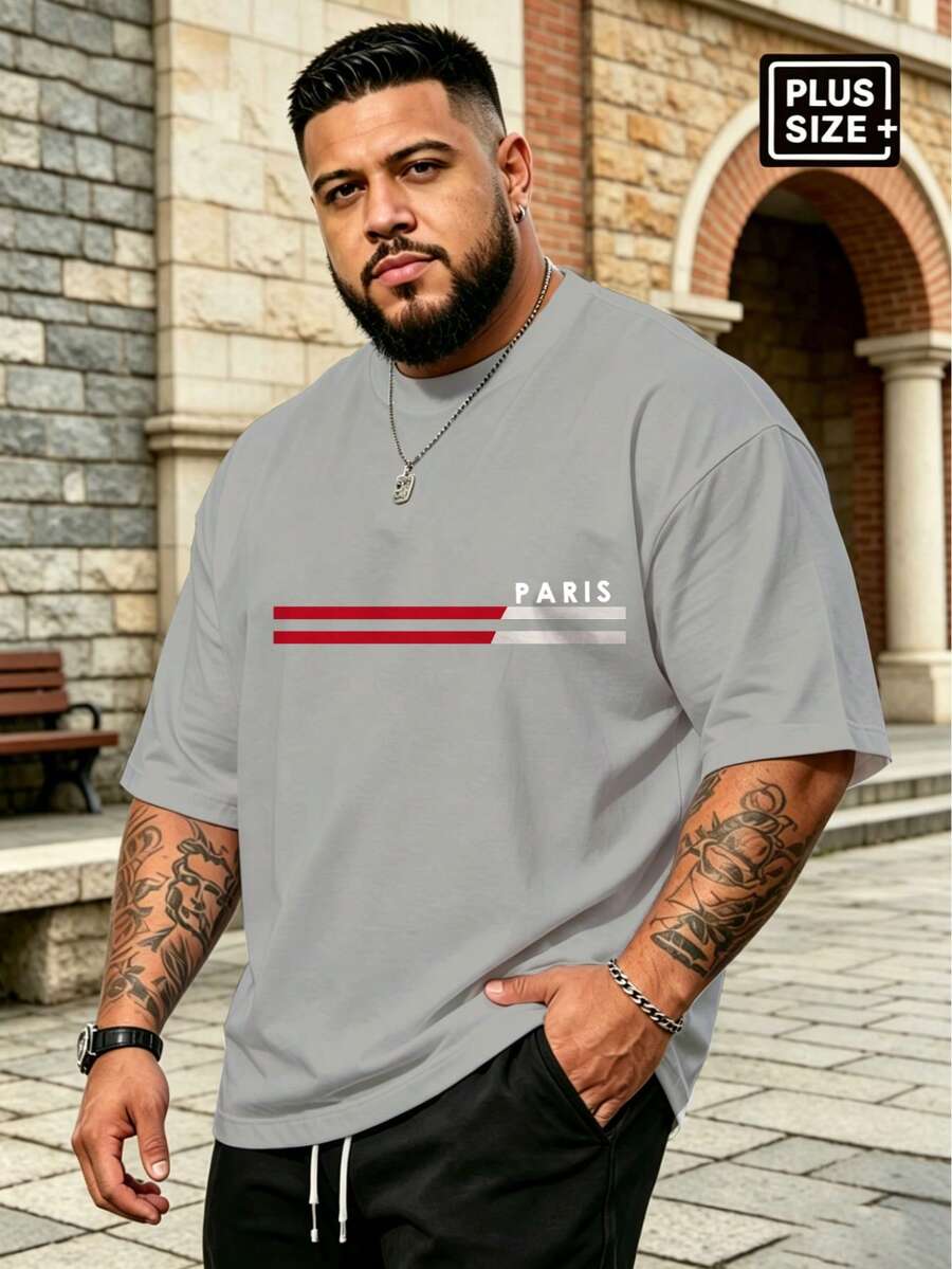 Plus Size Men's Light Gray Minimalist PARIS Letter Stripe Print Crew Neck Short Sleeve T-Shirt, Summer Daily Commute Casual Basic Top Sports - Grey - View 1