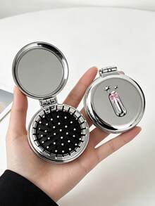 1pc Foldable Air Cushion Massage Comb, Round Electroplated Silver With Personalized Letter A-Z, Pink Bow, Star Pattern, Compact Portable Pocket Comb For Women's Hair Styling, Suitable As A Gift - Silver - View 23