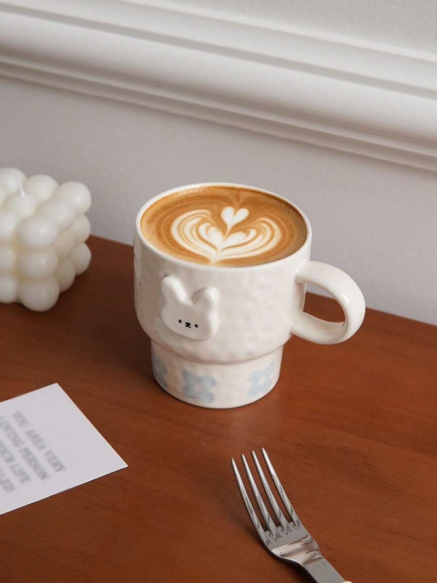 1pc 230ml Hand-Crafted Ceramic Rabbit Mug, Blue Floral Relief Rabbit Mug, Relief Bear Coffee Mug; Ideal For Home Decor And Tableware, As Drinking Cups For The Living Room, Bedroom, As Gifts, Festive Decorations, Or As Drinking Cups For Parties