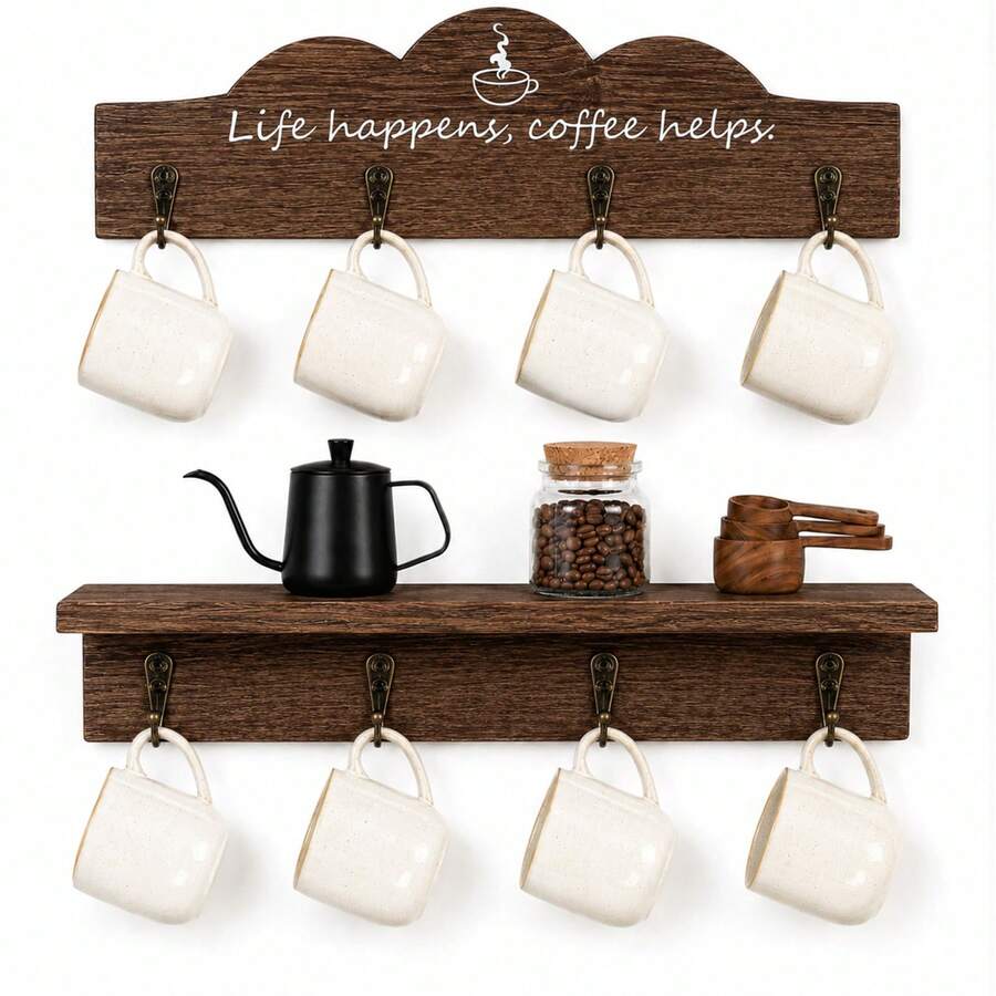 Wall Mounted Coffee Mug Holder With 8 Hooks, Wooden Coffee Cup Rack With Coffee Sign, Space Saving Kitchen Mug Organizer Display Shelf For Kitchen, Bar, Coffee Station - Brown - View 1