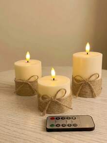 3pcs LED Rope Bowknot, Simulated Flickering Warm Yellow Flame, Vintage Linen Decoration, Remote Control, Timer, Flameless Pillar Candles, Realistic Flickering Warm Light, Battery Operated, Suitable For Christmas, Wedding, Holiday, Home, Party, B&B Decoration, Halloween, Wedding, Christmas, Holiday - White - View 6