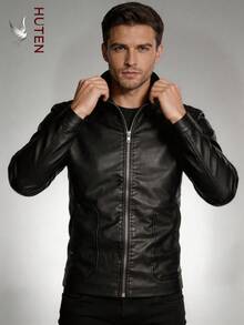 Men's PU Leather Slim Fit Zipper Casual Motorcycle Jacket - Black - View 3