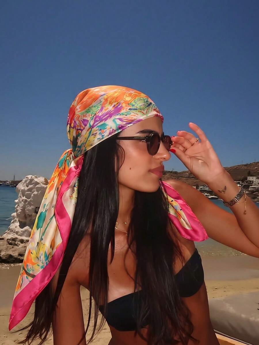 1 Stück Damen Lässig Blumenmuster Schal/Bandana, Boho-Urlaubsstil, Seidenhaarband, geeignet für Sommerpoolparty, Strandmusikfestival, Streetwear - Khaki Rose - Übersicht 1