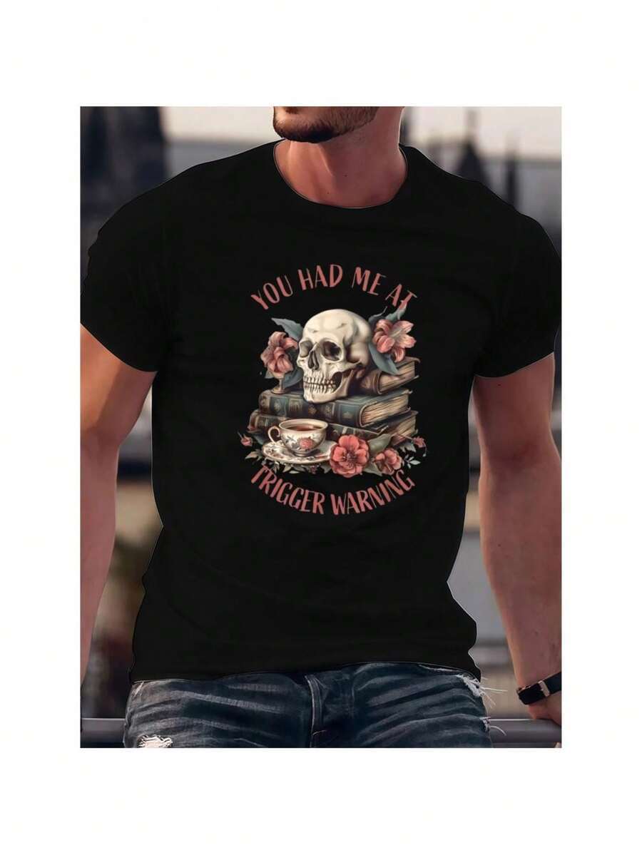 Cotton T-Shirt For Book Lovers – Trigger Warning Design With Short Sleeves - 黑色 - 查看 1
