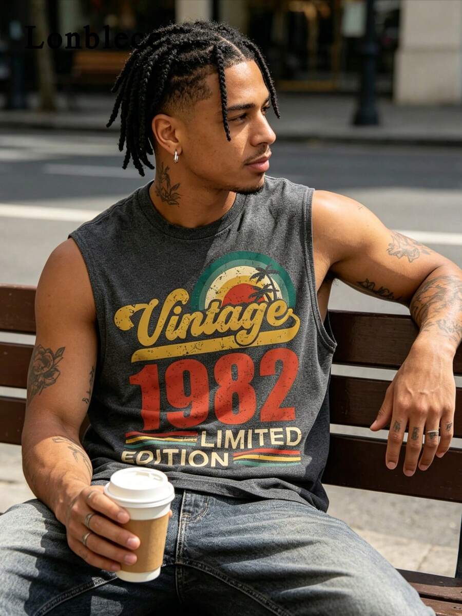Lonblece Camiseta de tirantes para hombre con gráfico de letras y números ingleses de verano - Gris Oscuro - Ver 1