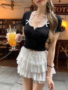 2026 Summer New Sweet Solid Color 3D Floral Hollow Sexy Knit Short Sleeve Top, Girly Ruffled Hem Cropped Cardigan Black - Black - View 2