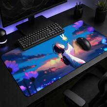 Japanese Kimono Girl Glowing Rabbit Flower Anime Large Gaming Mouse Pad, Blue Purple Sunset Healing Illustration Non-Slip Stitched Edge Desk Mat, Thickened Keyboard Pad, Suitable For Office And Gaming - View 3