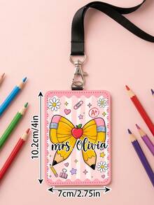1pc Custom Teacher Name Luggage Tag,Striped Bow Pencil Badge Holder,ID Card Cover,Teacher Appreciation Gift,Back To School,First Of School Staff Tag - Multicolor - View 3