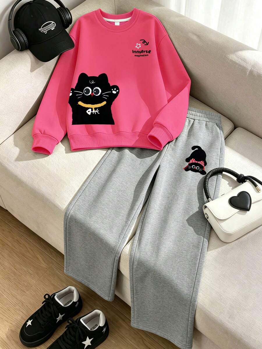 Sweet Relaxed Slouchy Youth Girl Creative Cat Print Sweatshirt, Casual Crew Neck Sweatshirt Paired With Loose Wide Leg Pants, Autumn/Winter Daily 2-Piece Set. - Hot Pink - View 1