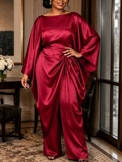 Plus Size Women Red African Satin Two Pieces Set Loose Bubu Dress With Drawed And Lace Up Waist Wide Leg Pant For Church Festival Formal Event